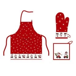 Set Grembiule + Guanto + Presina Natalizio Babbolo Con Gnomi In Puro Cotone Z829