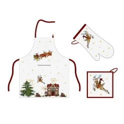 Set Grembiule + Guanto + Presina Natalizio Santa Claus In Puro Cotone Z853